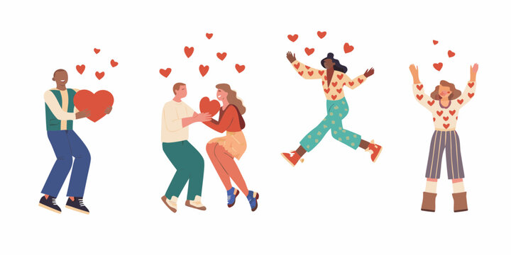 Diverse group of people celebrating love and romance with hearts floating around them