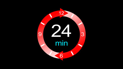 A dynamic 24 minute arrow clock icon illustration. arrow clock 24 minute digital icon illustration. black background 4k illustration.