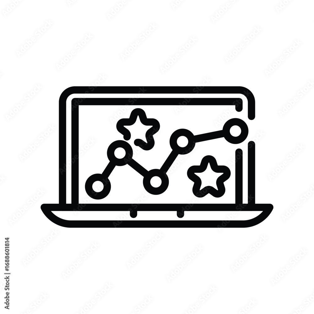 Poster a laptop displaying a chart with linked circles accompanied by two stars. editable stroke. vector ic