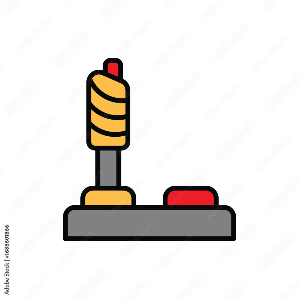 Poster a joystick and a red button are on a grey base the joystick is striped with gold. editable stroke. v