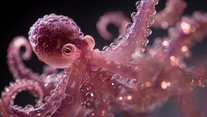 Pink, translucent octopus, covered in iridescent bubbles