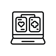 A laptop displays two cards with heart and cloverleaf symbols. Editable stroke. Vector icon illustration