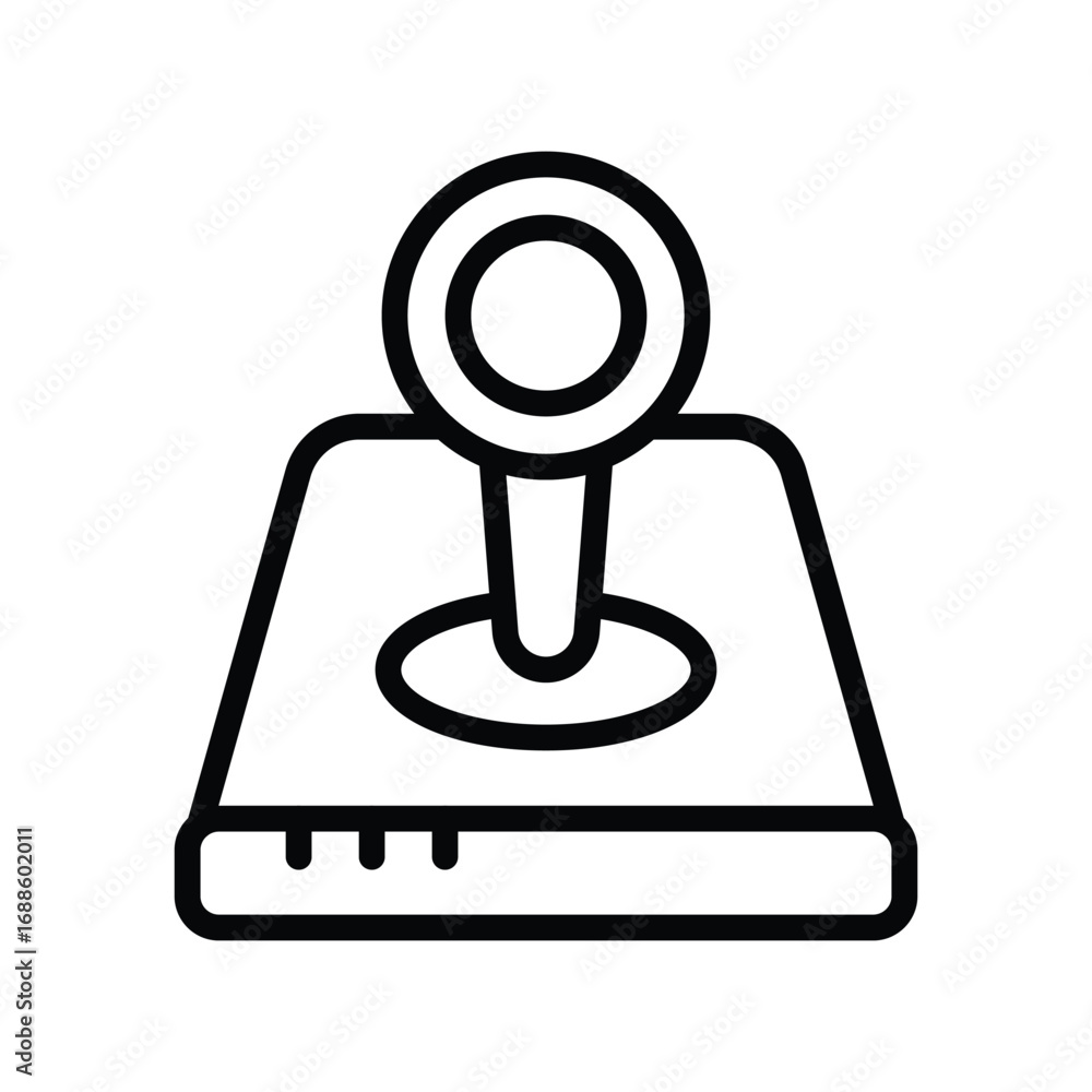 Poster a minimalist line drawing of a vintage arcade joystick positioned on a rectangular base. editable st