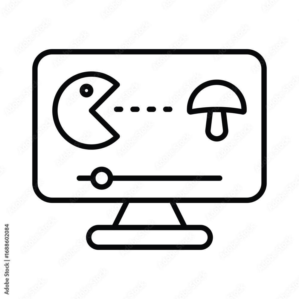 Poster a monitor displays a pacmanlike figure chasing a mushroom with a volume control. editable stroke. ve