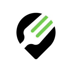 Creative fork and heart logo in black and green, modern vector design for restaurant, food service, healthy eating and culinary business branding.