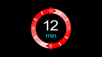 A dynamic 12 minute arrow clock icon illustration. arrow clock 12 minute digital icon illustration. black background 4k illustration.