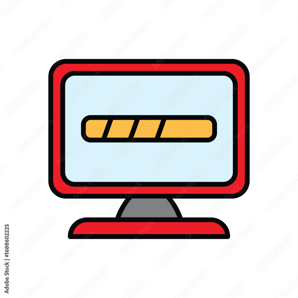 Poster a red and grey desktop computer displaying a lightblue screen with a yellow partiallyfilled loading 