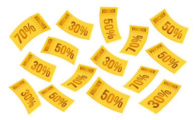 3d unlimited flying golden coupons as a rain, isolated on white background. Yellow flying discount gift vouchers with coupon code, percentage off for sale off event. 3d coupon fly vector illustration © Van