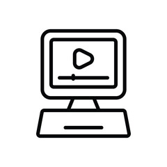 A retro computer screen displaying a play button icon and progress bar on a chunky base. Editable stroke. Vector icon illustration