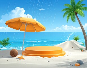Obraz premium Tropical beach scene with rain and orange podium
