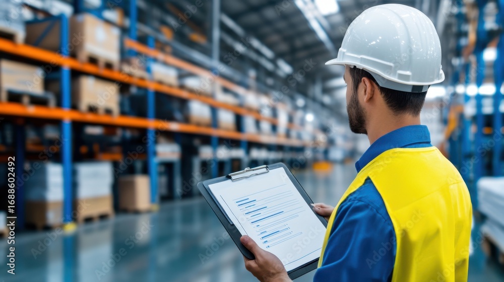 Poster warehouse worker using digital tablet for inventory management process