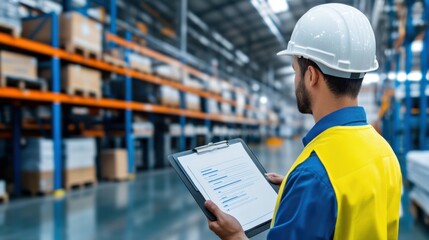 Warehouse Worker Using Digital Tablet for Inventory Management Process