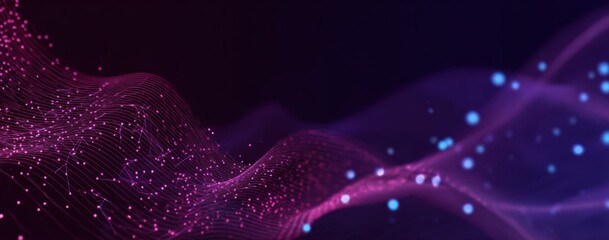 Abstract digital wave.  Pink and purple particles flow in rippling lines over a dark background.  Small, glowing dots are scattered throughout