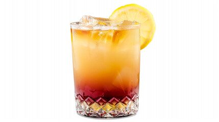 A refreshing iced beverage in a clear glass filled with crushed ice, layered with golden and red hues, topped with a lemon slice, symbolizing coolness, summer delight, and vibrant refreshment.