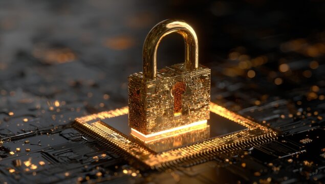 Golden padlock atop a computer chip
