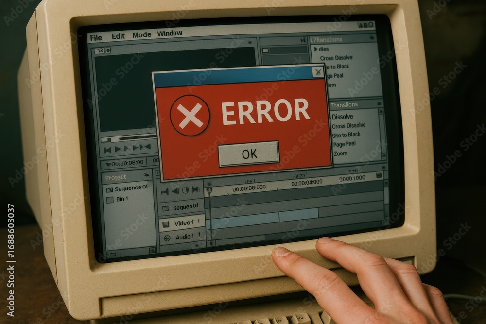 Aufkleber television job loss concept. old computer displaying an error message on the screen.