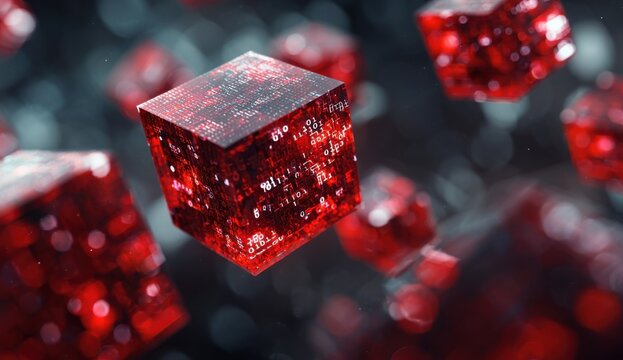 Red cubes with data, floating in a dark space