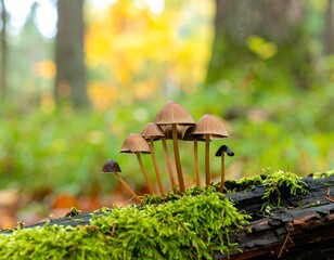 Forest mushrooms on mossy log