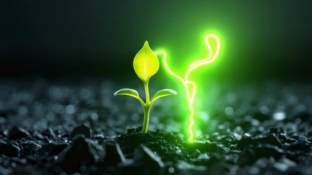 Seedling grows with luminous green energy arc and shifting ground