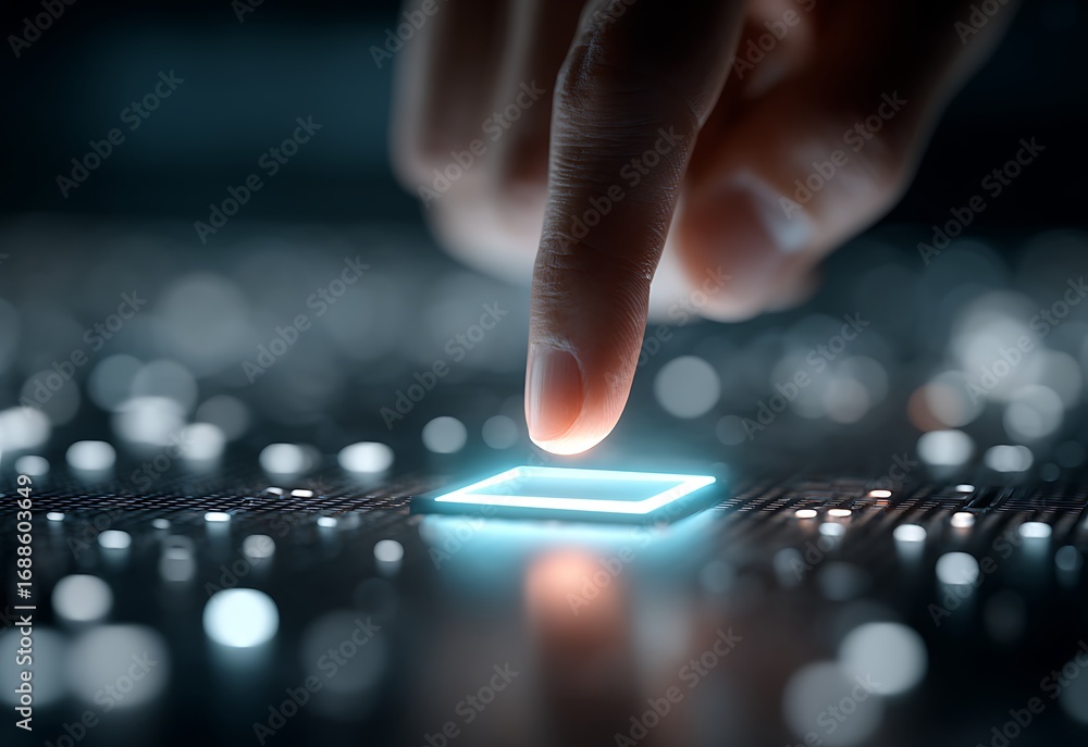 Poster fingertip about to touch a glowing square button on a circuit board.