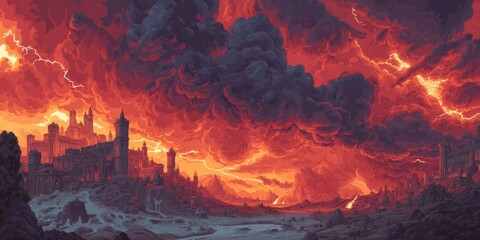 A ruined city under a fiery, stormy sky