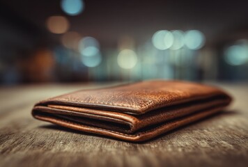A textured brown leather wallet rests on a weathered wooden surface, soft light catching its edges, set against a blurred backdrop of bokeh lights