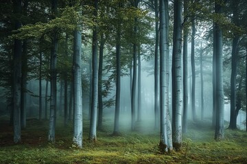 Naklejka premium Misty forest with tall trees and green undergrowth