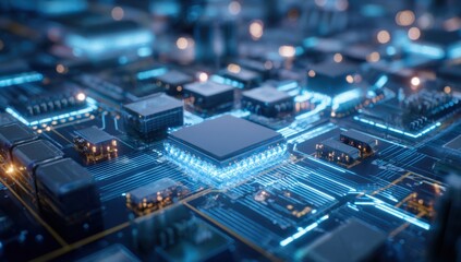 Close-up of a complex circuit board with a central processor, highlighted by vibrant blue light