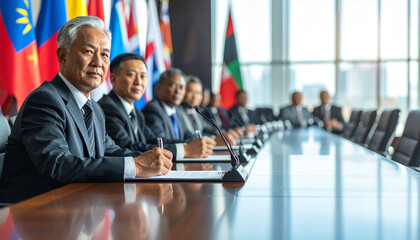 G20 summit leaders discuss economic policy at international conference table with diverse delegates and national flags in background