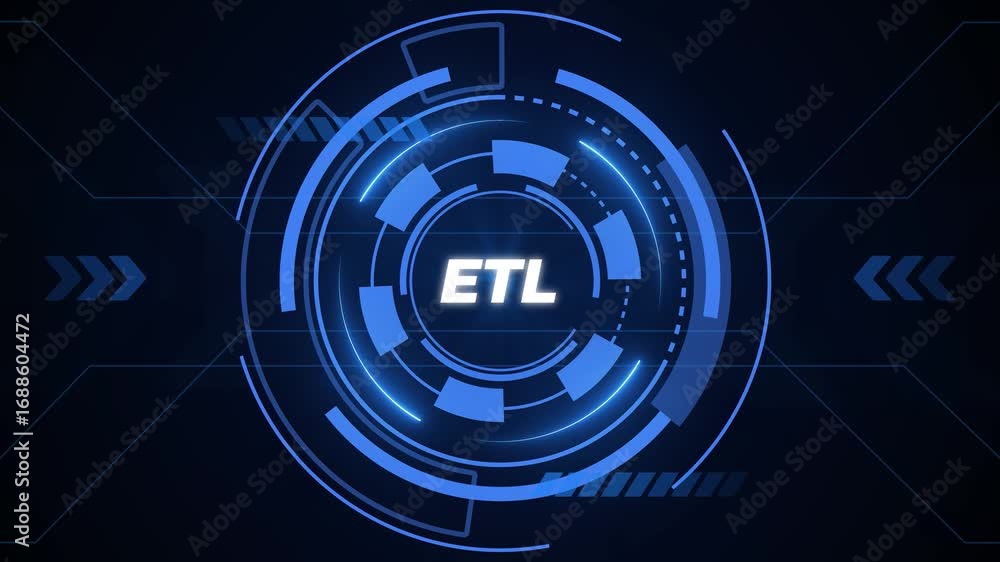 Poster blue futuristic hud interface with etl acronym on dark digital background extract