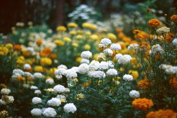 A vibrant garden bed bursting with clusters of white, yellow, and orange flowers