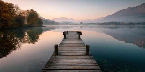 Naklejka premium Tranquil lake dock at dawn. Peaceful reflections on calm water. Wooden pier stretches into misty mountains. Autumn colors on trees