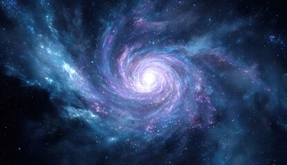 A vibrant spiral galaxy, bathed in cosmic blues and purples, swirls majestically against a dark backdrop of star-studded space