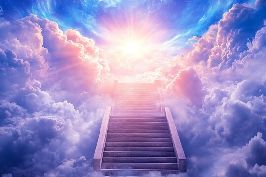 Mystical stairway leading to radiant light in heavenly clouds with spiritual dreamlike sky symbolizing hope eternity and transcendence