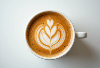 A warm cappuccino with a foamy heart design sits on a brown table, a perfect morning beverage