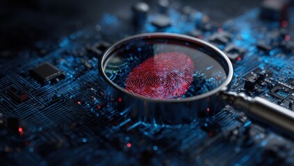 A magnifying glass focuses on a fingerprint on a circuit board