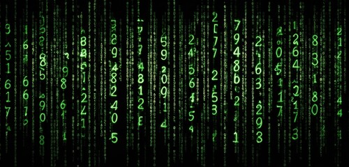 Vertical columns of green digital code on a black background