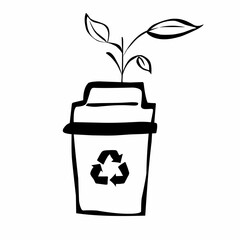 Minimalist Outline Plant Sprout Growing From Recycle Bin Ecology Icon
