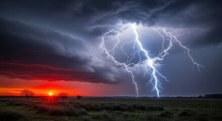 Dramatic Lightning Storm Over Sunset Landscape with Dark Clouds and Open Field