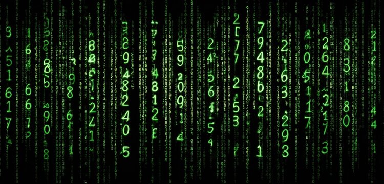 Vertical columns of green digital code on a black background