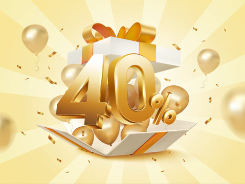 3d 40 percent off with exploded gift box, flying balloons and confetti effect, isolated on background. 40% Discount gift banner template in 3d vector. Vector illustration