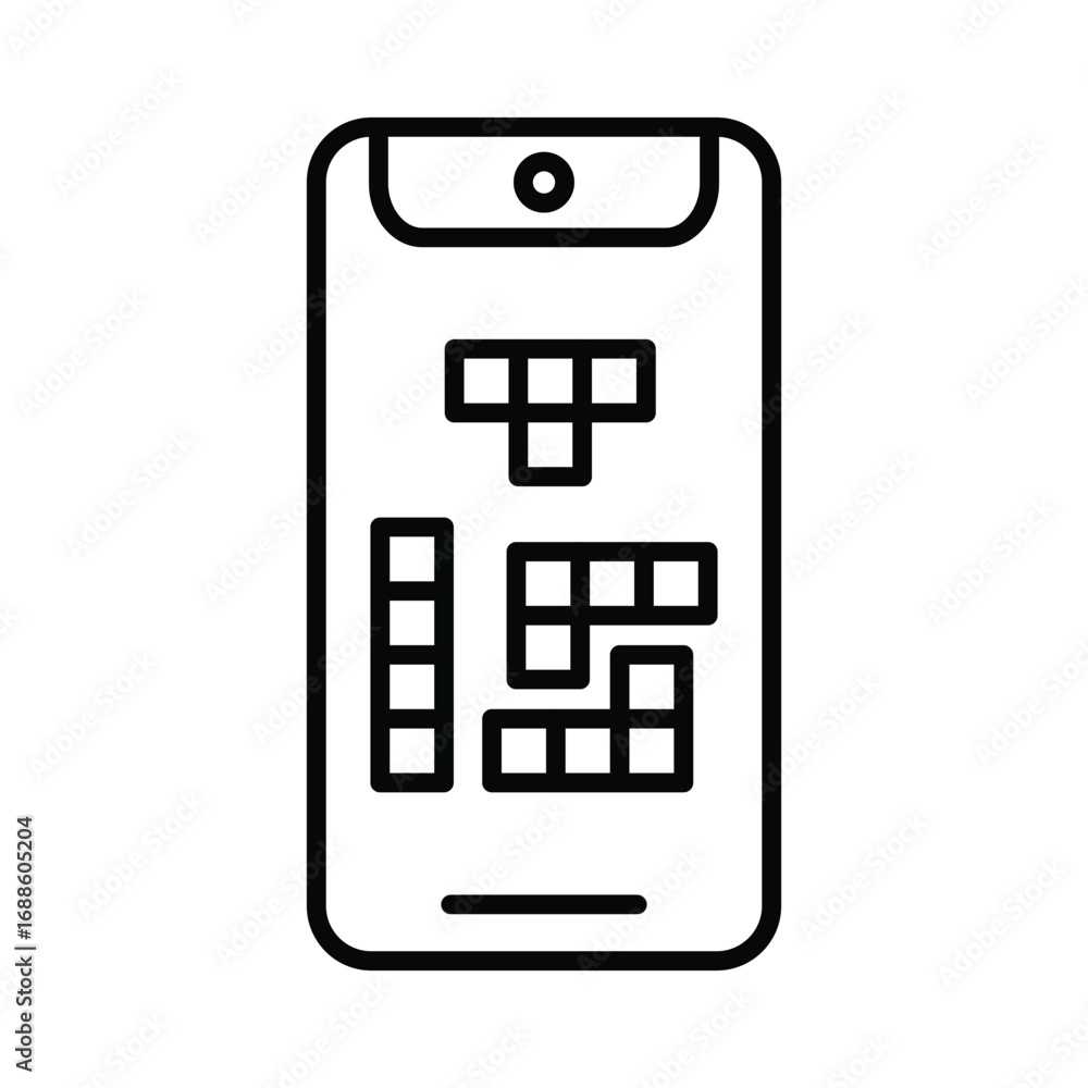 Poster a stylized depiction of a smartphone displaying puzzle pieces rendered in a clear outlined design. e