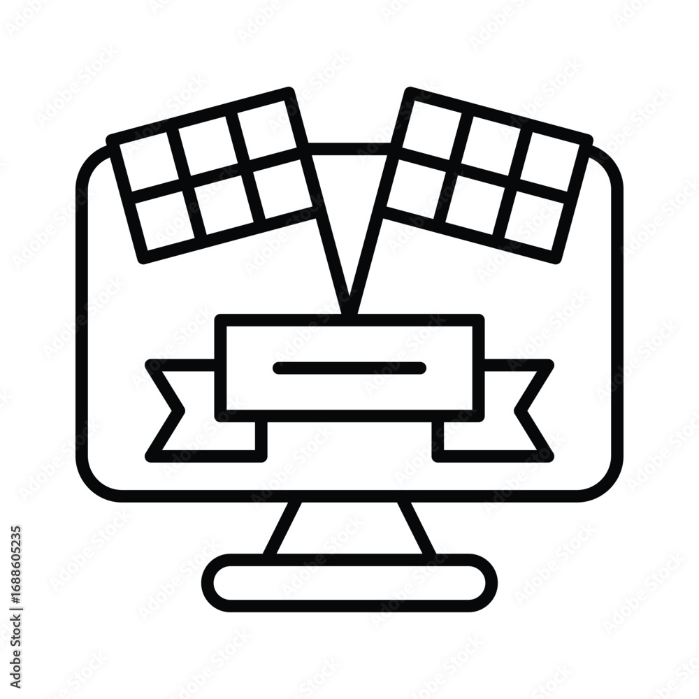Poster a stylized computer monitor with checkered flags and a banner all in black outline. editable stroke.