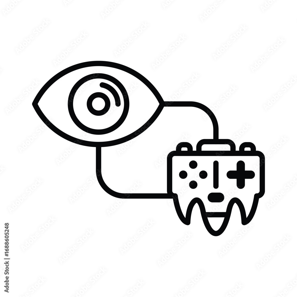 Poster a stylized eye is connected by lines to a gamepadlike form. editable stroke. vector icon illustratio
