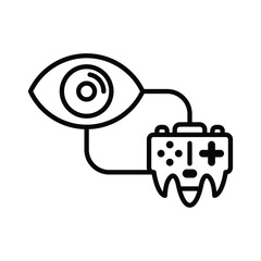 A stylized eye is connected by lines to a gamepadlike form. Editable stroke. Vector icon illustration