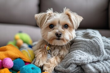 Dog sitting with toys near blanket