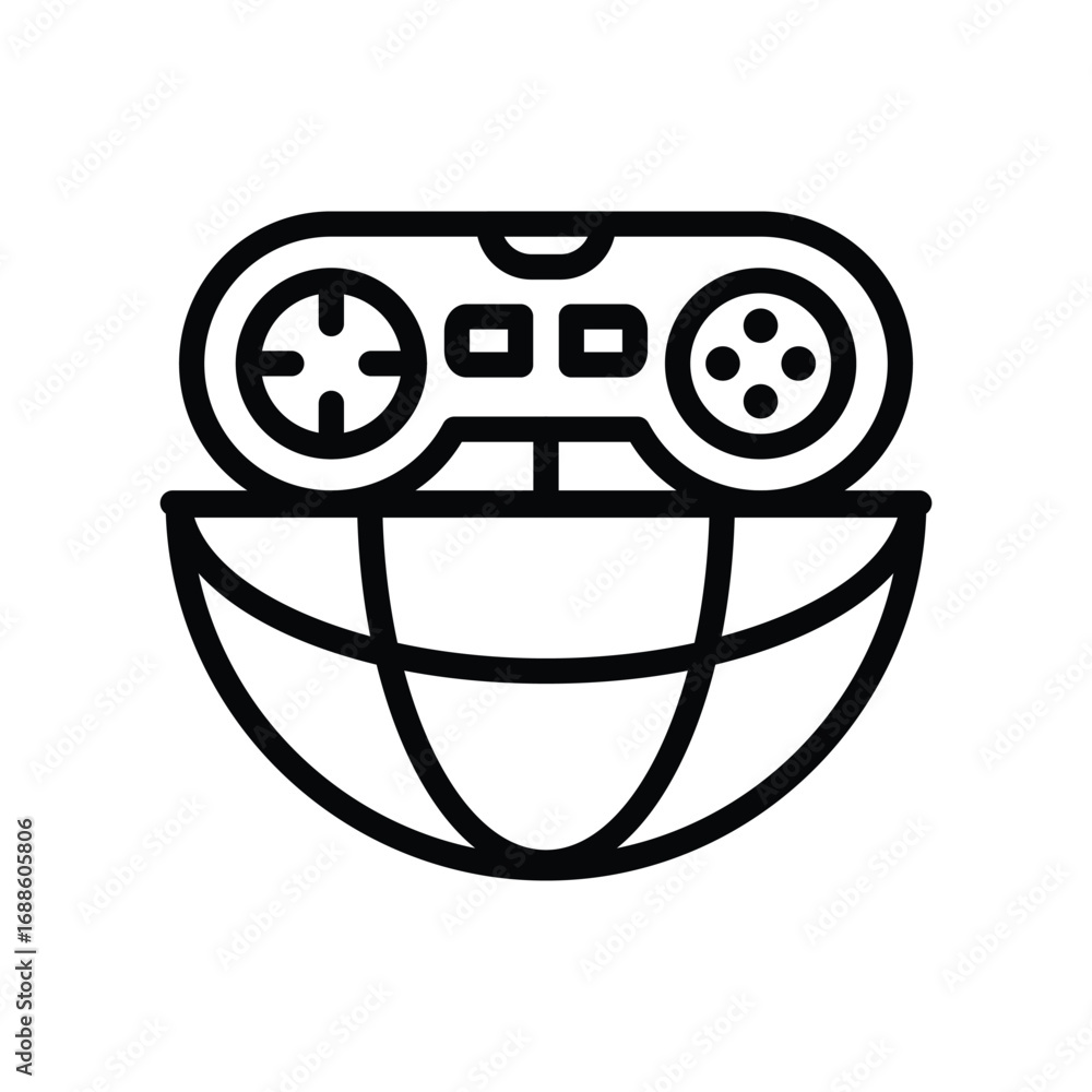 Poster an icon of a game controller resting on a stylized globe outlined in black. editable stroke. vector 