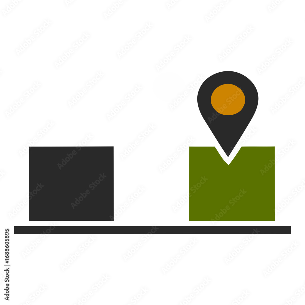 Poster map pin on green square with building and sun isolated on transparent background