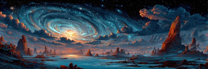 Cosmic landscape with swirling galaxy, dramatic rocky shoreline, and vibrant sunset hues