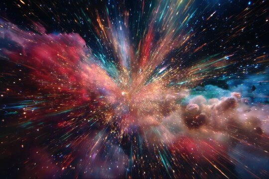 A vibrant cosmic explosion.  Streaks of colorful light radiate outward from a central point,  intermingled with swirling clouds of nebulae in deep space.  Stars twinkle throughout